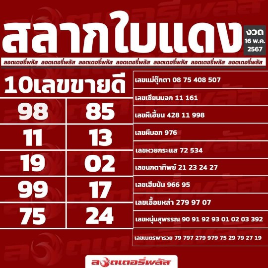 ตารางหวยใบแดง10เลขขายดีพร้อมข่าวหวยดังจากล็อตเตอรีพลัส